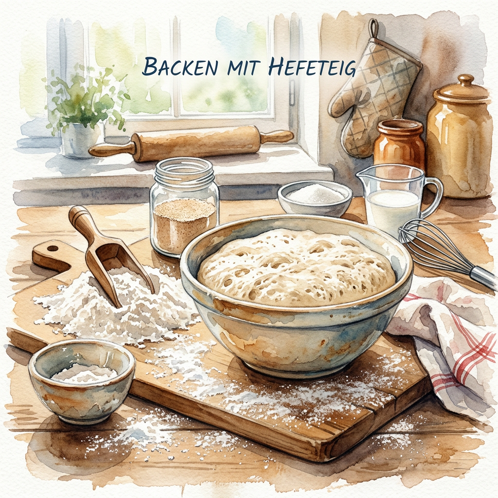 Mixing bowl with yeast dough, flour, sugar, milk, and baking tools on wooden countertop